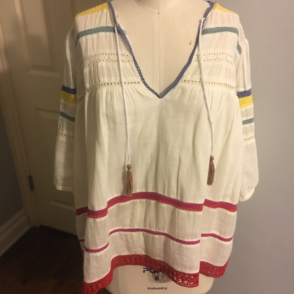 Anthropologie White Gauzy Peasant Blouse with Pink, Yellow & Blue Trim
